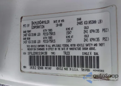 2001 Dodge Dakota Slt/Sport z USA, uszkodzony, nr VIN 1B7GL22X81S184198